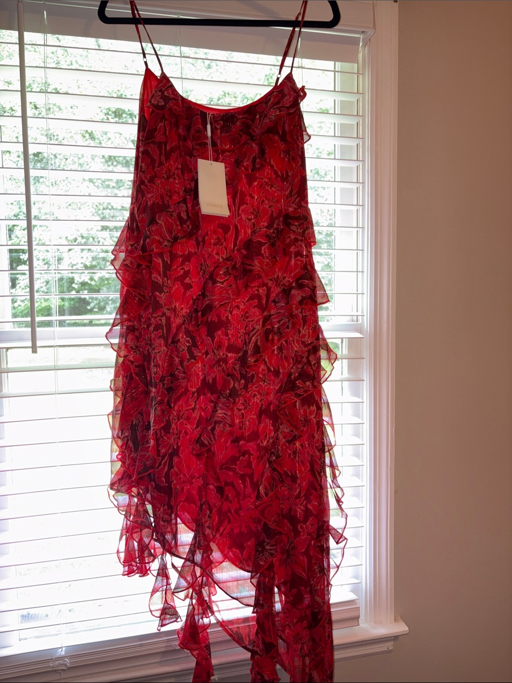 Parker Red Floral Asymmetrical Ruffle Slip Dress